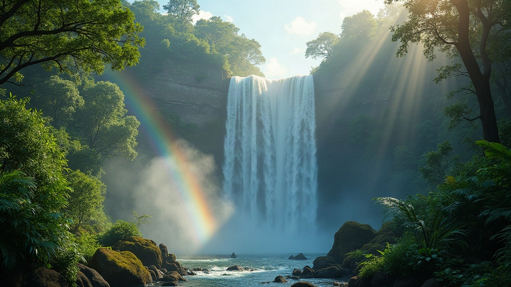Gran cascada rodeada de selva subtropical con niebla y arcoíris en Argentina