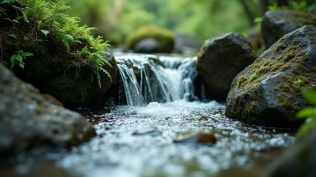 Agua cristalina cayendo sobre rocas volcánicas con helechos y musgo