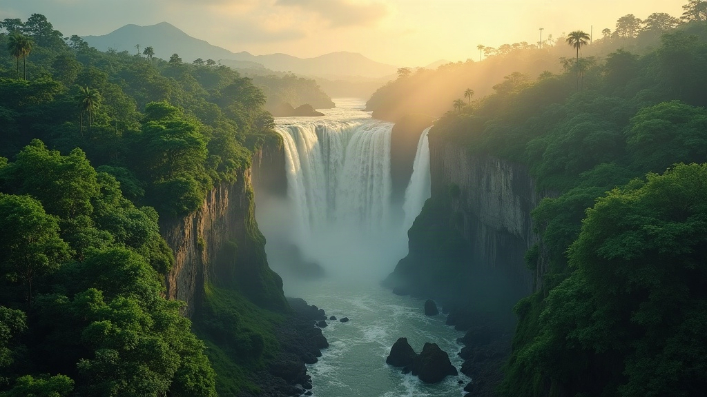 Vista aérea de un gran sistema de cascadas en medio de la selva subtropical argentina