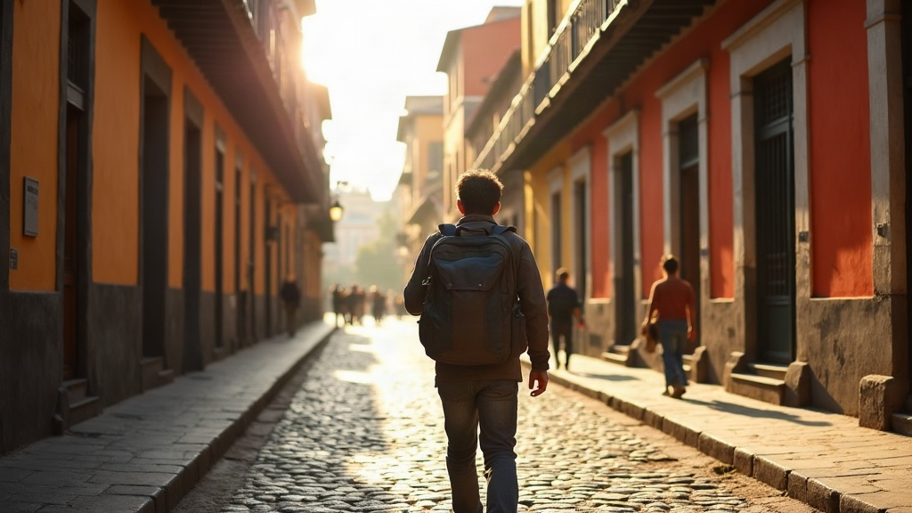 Viajero caminando por una calle de piedra con edificios coloniales en Argentina