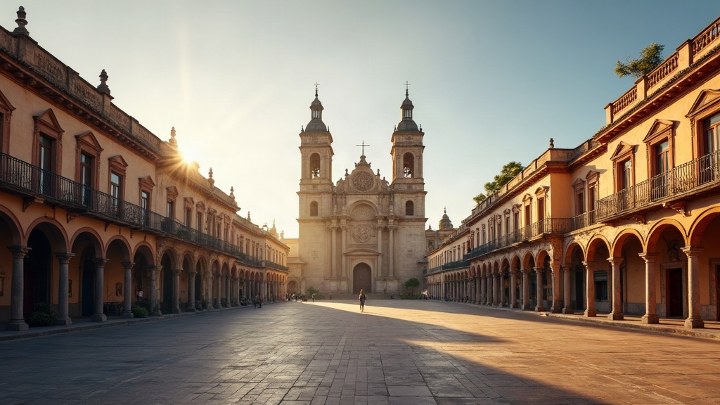 Plaza colonial de una ciudad histórica de Argentina con su catedral al atardecer