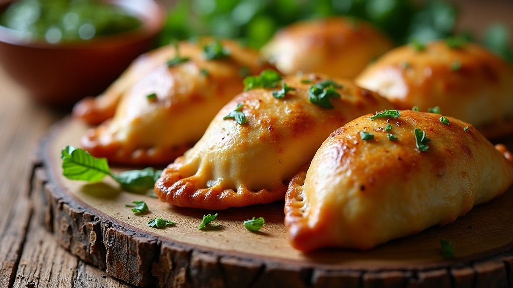 Empanadas argentinas recién horneadas sobre una tabla de madera con chimichurri