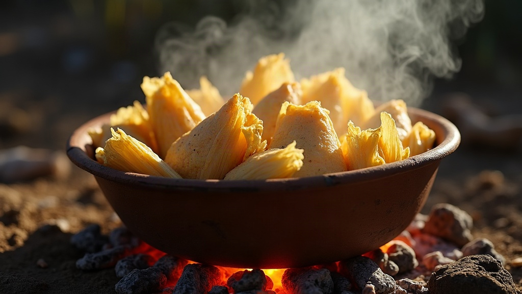 Humitas en chala cocinándose en una olla de barro sobre brasas