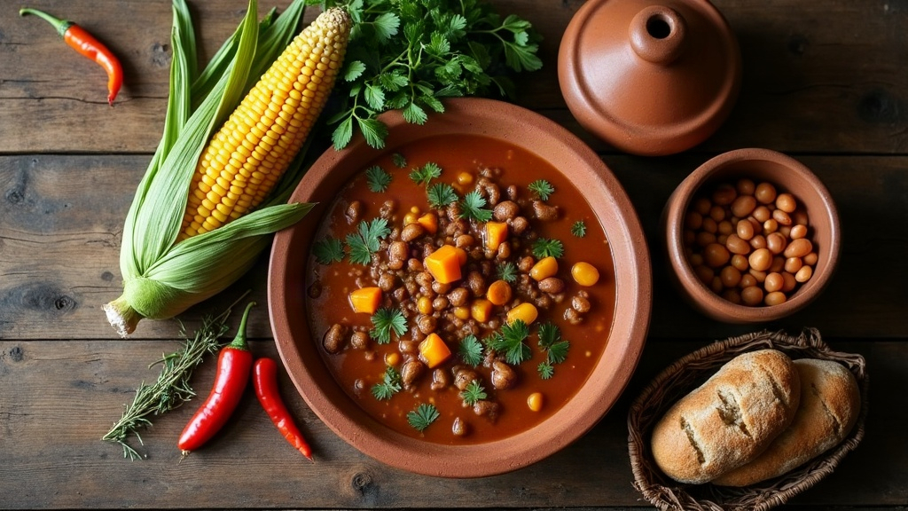 Mesa rústica con platos regionales argentinos: guiso en olla de barro, humitas en chala y vegetales de estación