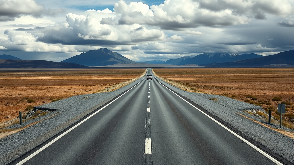 Ruta argentina extensa atravesando la estepa patagónica con un auto a lo lejos