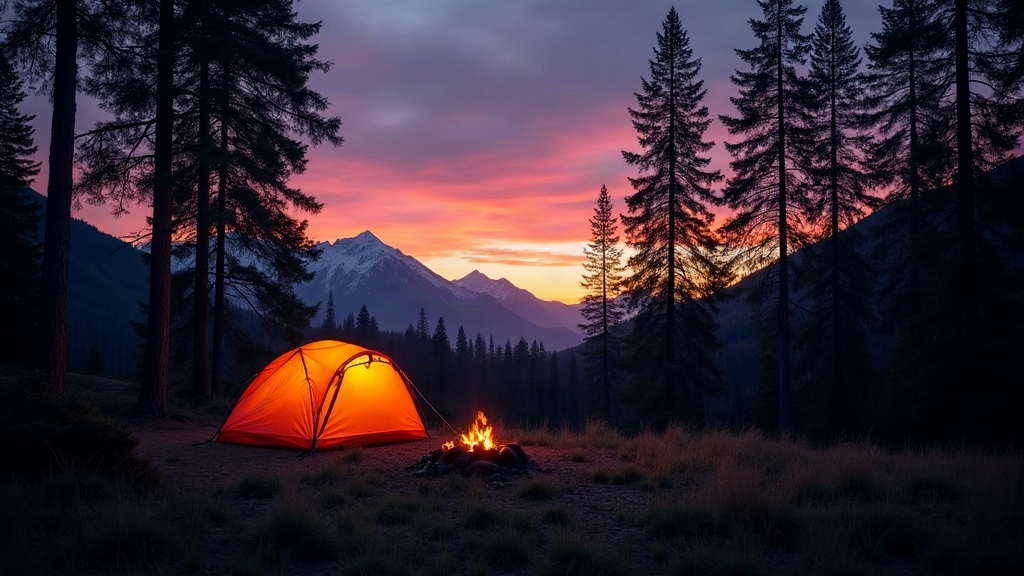 Camping en un bosque patagónico al atardecer, con la carpa iluminada y montañas de fondo