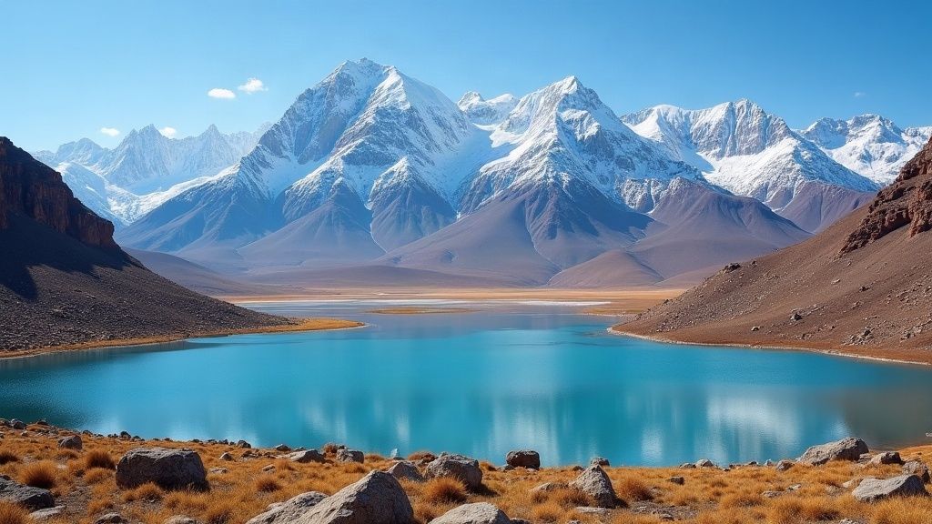 Paisaje argentino con montañas nevadas, lago turquesa en primer plano y meseta desértica en el horizonte