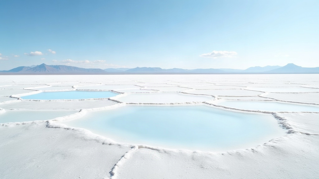 Vista aérea de un salar blanco con pozas de agua que reflejan el cielo y volcanes andinos en el horizonte