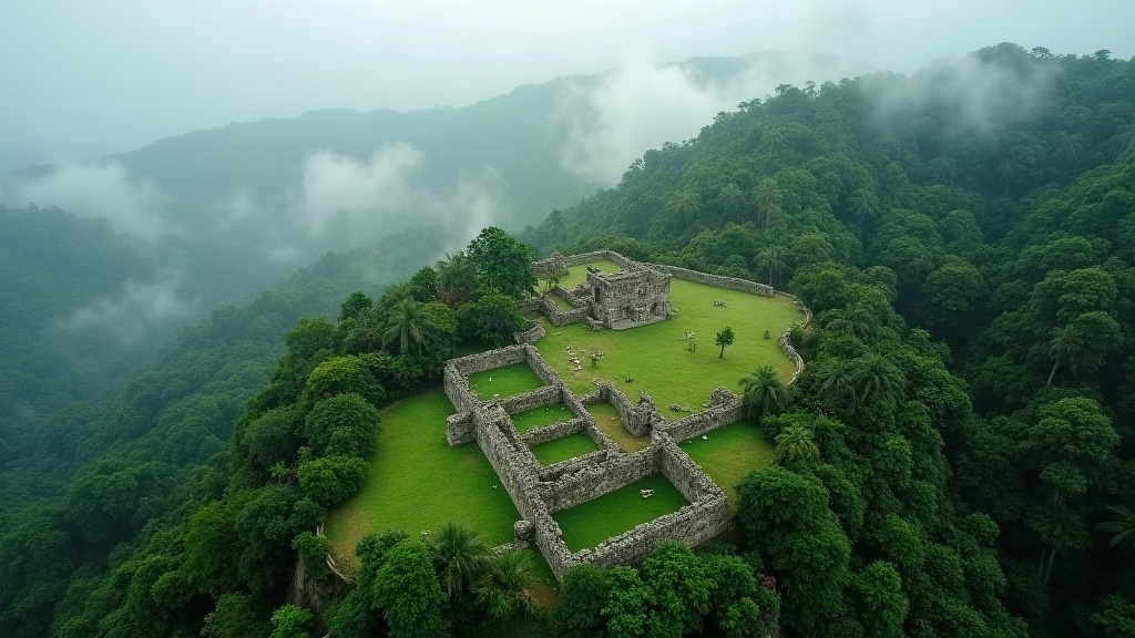Vista aérea de ruinas de piedra rodeadas de selva subtropical