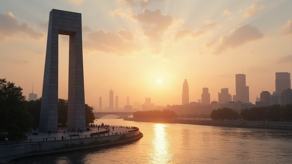 Monumento histórico con torre junto al río Paraná al atardecer