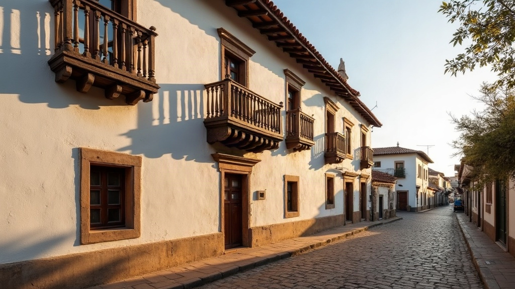 Edificio colonial de paredes blancas en una calle de piedra del norte argentino al atardecer
