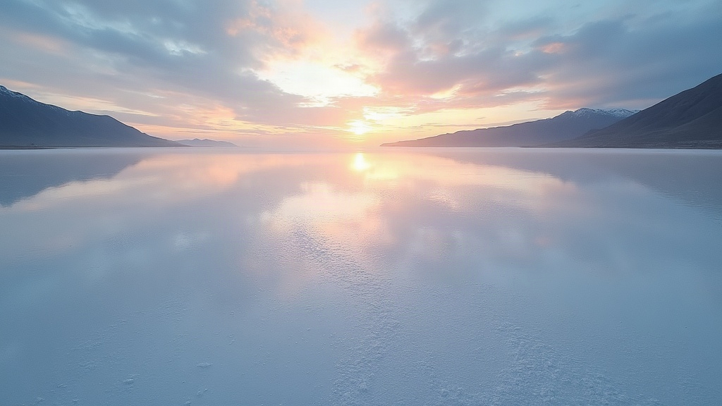 Salar blanco reflejando el cielo al amanecer en el norte de Argentina