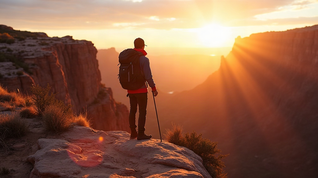 Senderista contemplando un cañón de arenisca roja al atardecer en Argentina