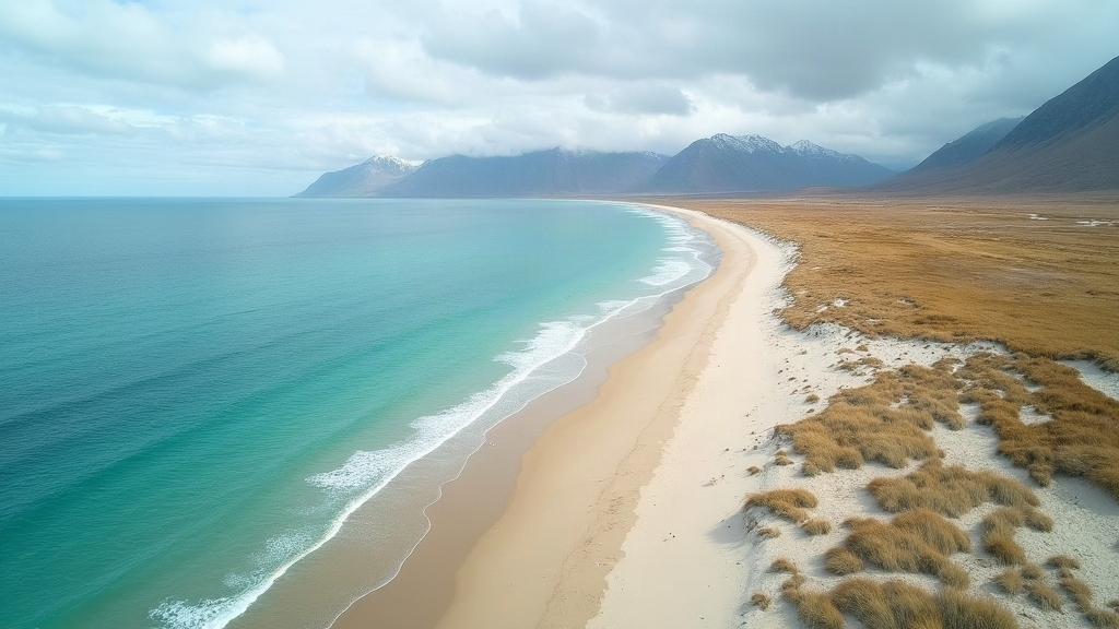 Playa ancha y vacía en la Patagonia argentina con médanos y agua turquesa al amanecer