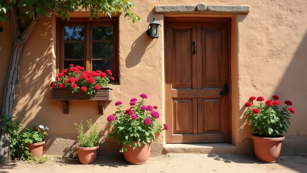 Fachada de adobe con puerta de madera y flores en un pueblo tradicional argentino