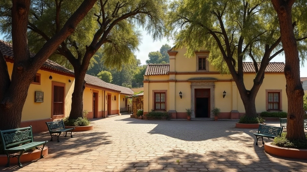 Plaza tranquila con árboles añosos y una iglesia antigua en un pueblo argentino