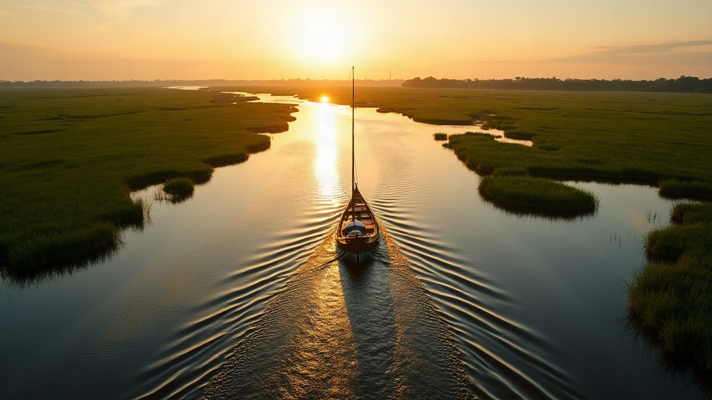 Lancha navegando los canales del Delta del Paraná entre islas verdes al atardecer