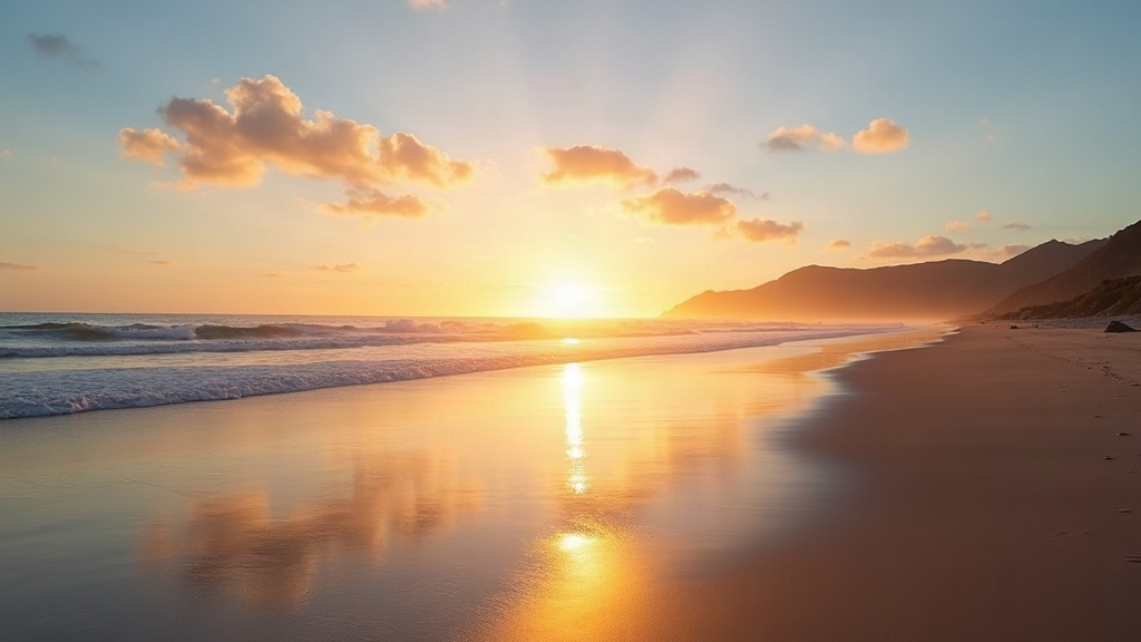 Amanecer sobre una playa ancha de la costa atlántica argentina con luz dorada y mar calmo