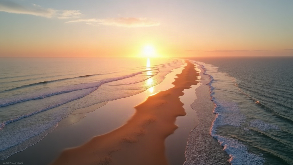 Amanecer sobre una playa de la costa argentina con el sol reflejado en la arena