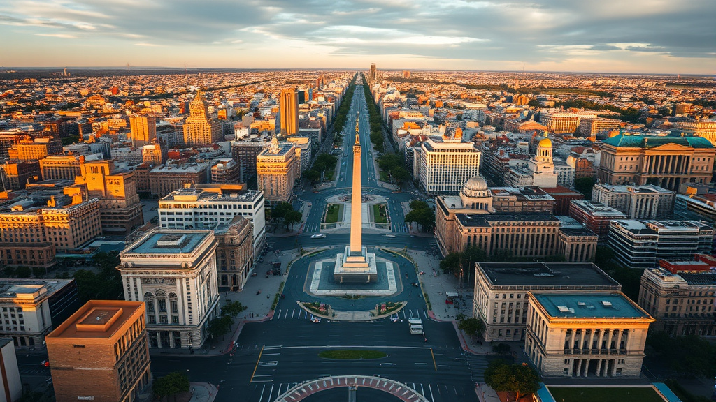 Vista aérea de Buenos Aires al atardecer con avenidas amplias, edificios históricos y la zona del obelisco