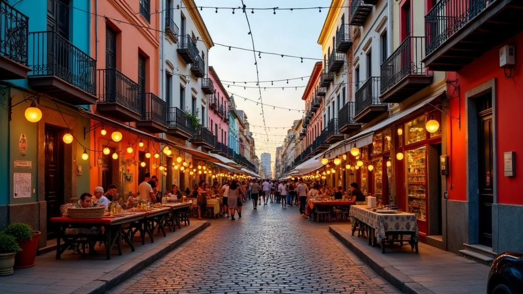 Calle empedrada de San Telmo con casas antiguas y puestos de feria