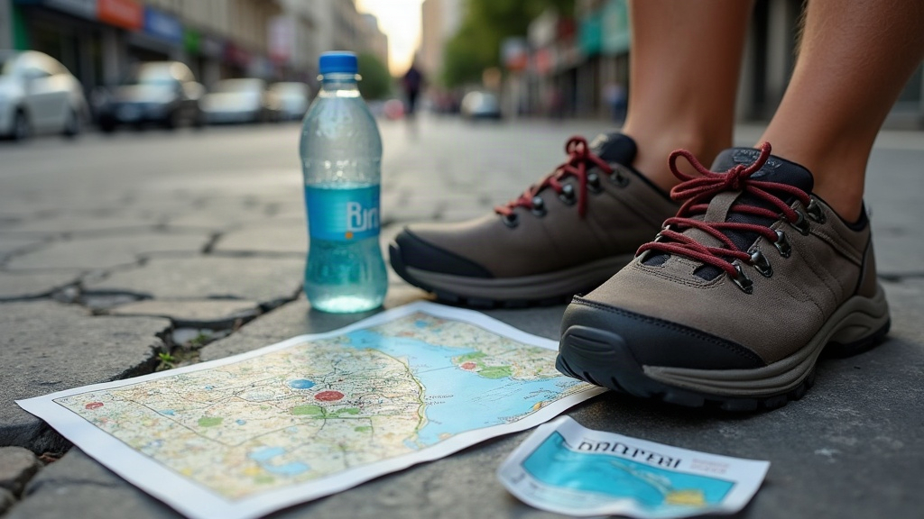 Zapatillas cómodas y un mapa sobre la vereda de Buenos Aires antes de salir a caminar