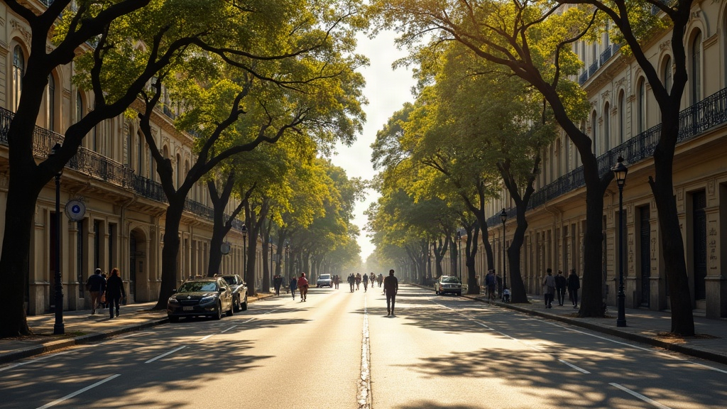 Personas caminando por una avenida arbolada de Buenos Aires con edificios de estilo clásico