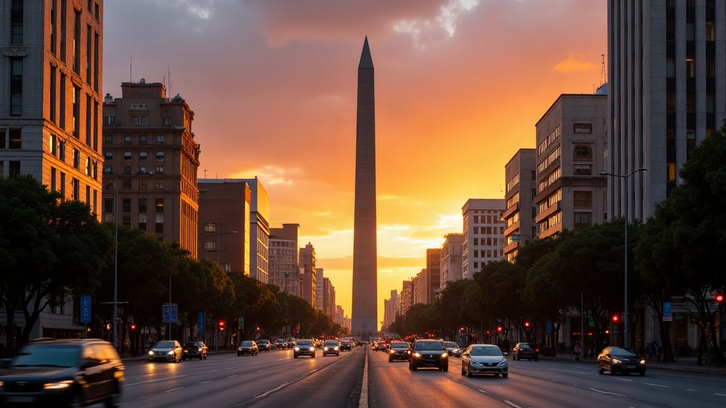 El Obelisco y la Avenida 9 de Julio de Buenos Aires al atardecer