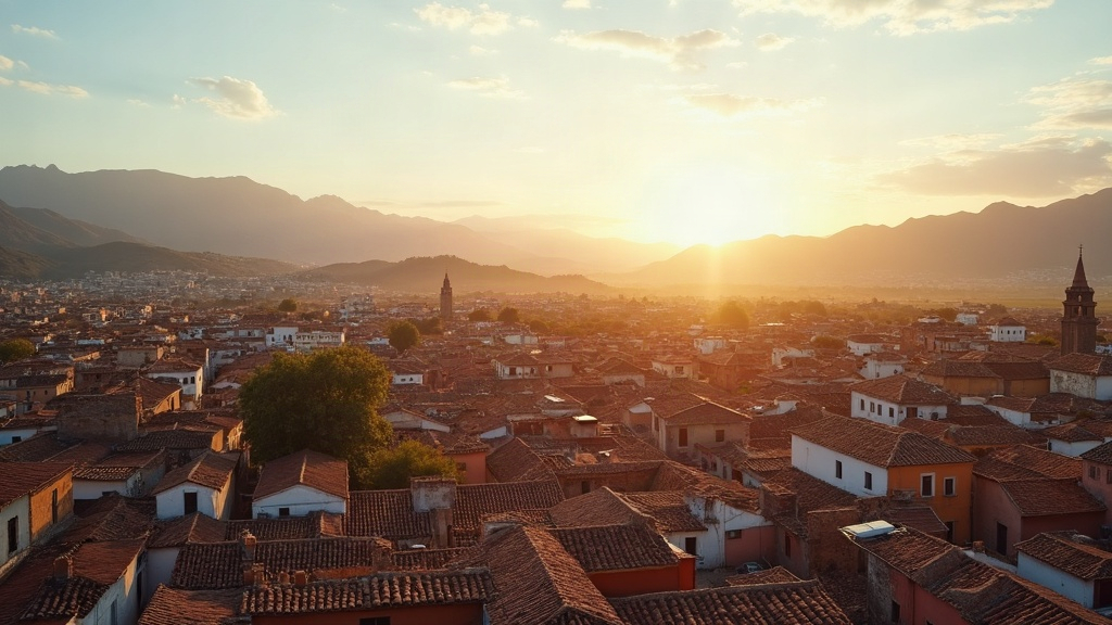 Vista panorámica de una ciudad colonial argentina con montañas de fondo al atardecer