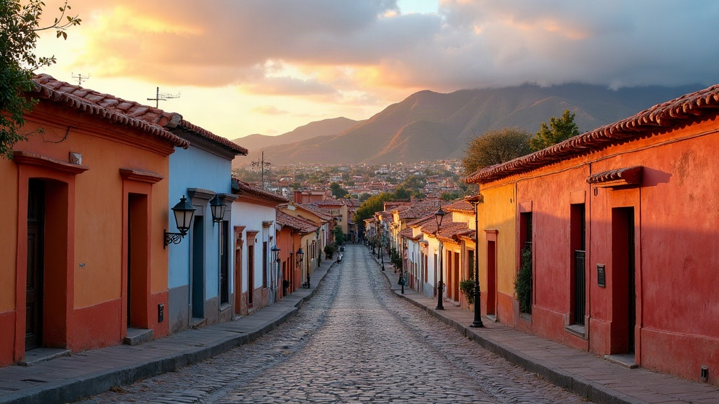 Calle colonial colorida en una ciudad del norte de Argentina con montañas al fondo