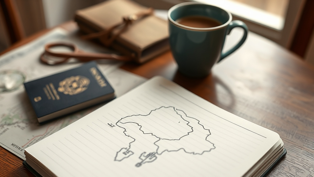 Cuaderno con el boceto de una ruta de viaje, pasaporte y café sobre una mesa