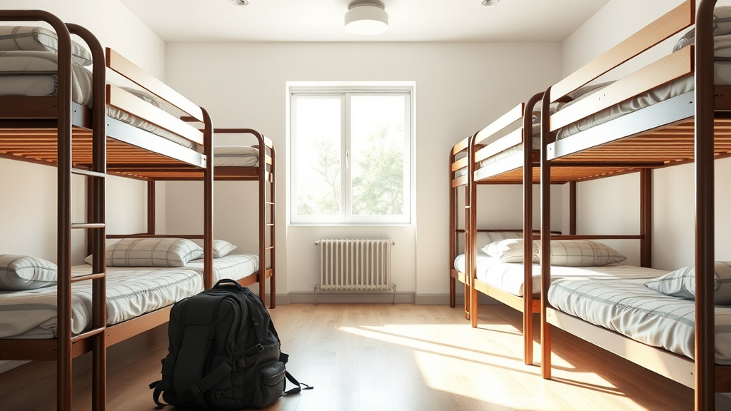 Habitación compartida de un hostel económico con literas y mochilas