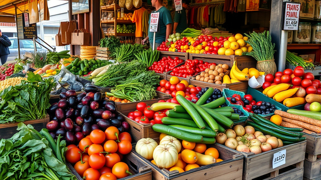 Puesto de mercado con frutas y verduras frescas para cocinar barato en Argentina
