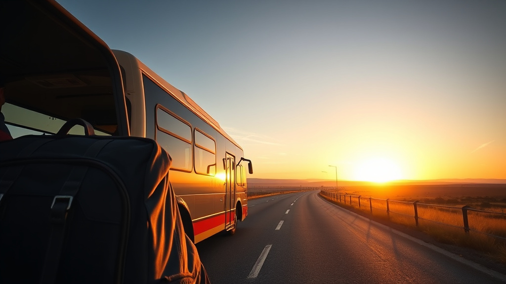 Colectivo de larga distancia recorriendo una ruta argentina al amanecer, con una mochila en primer plano