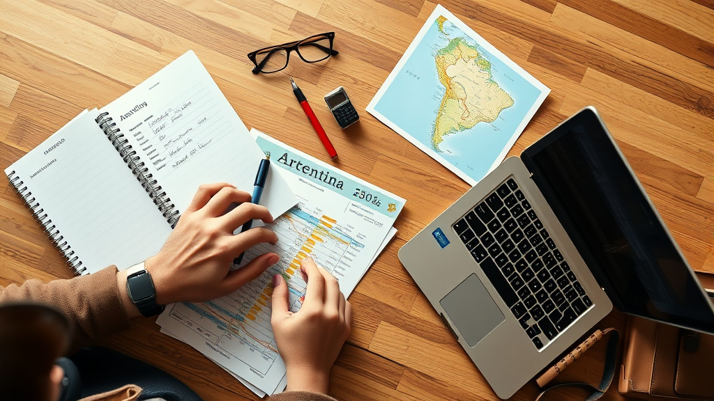 viajero calculando el presupuesto de un viaje con cuadernos, mapa y computadora sobre una mesa de madera