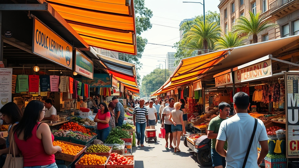 feria callejera en Buenos Aires con puestos coloridos y gente comprando comida local