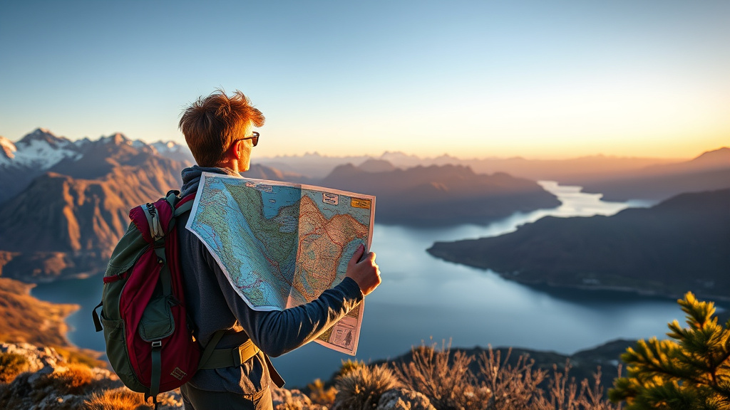 mochilero con mapa en un mirador frente a un lago y montañas de la Patagonia al atardecer