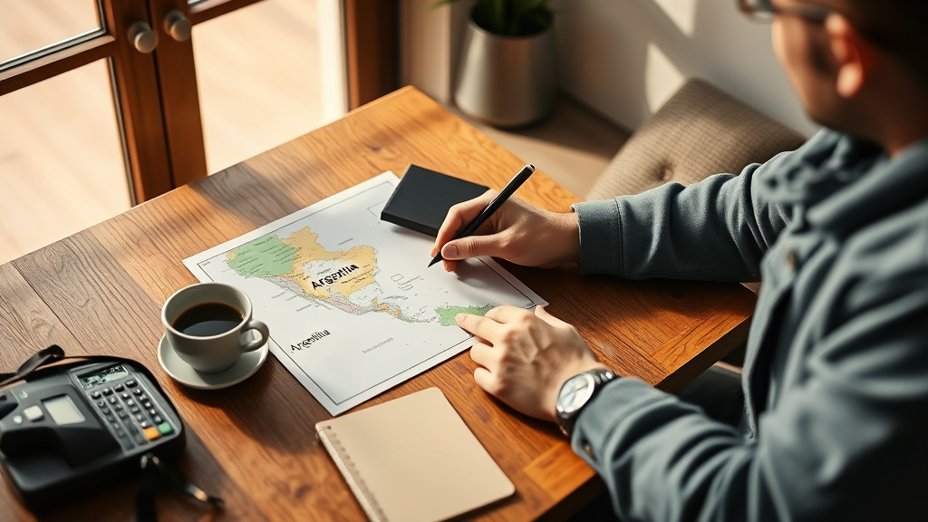 Viajero planificando el presupuesto de una semana de vacaciones en Argentina con mapa, cuaderno y calculadora
