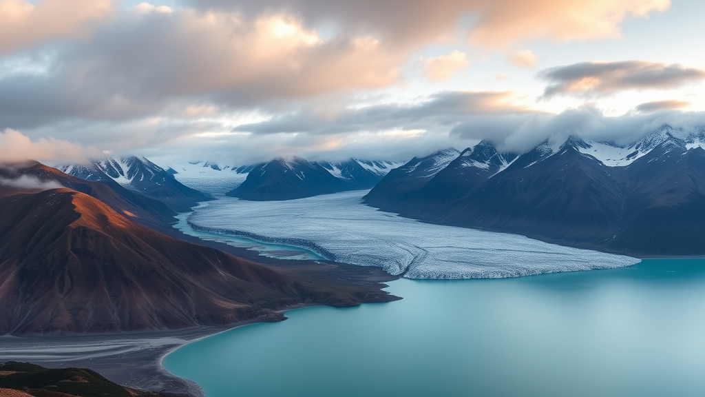 Montañas de los Andes y lago glaciar turquesa al amanecer en la Patagonia argentina
