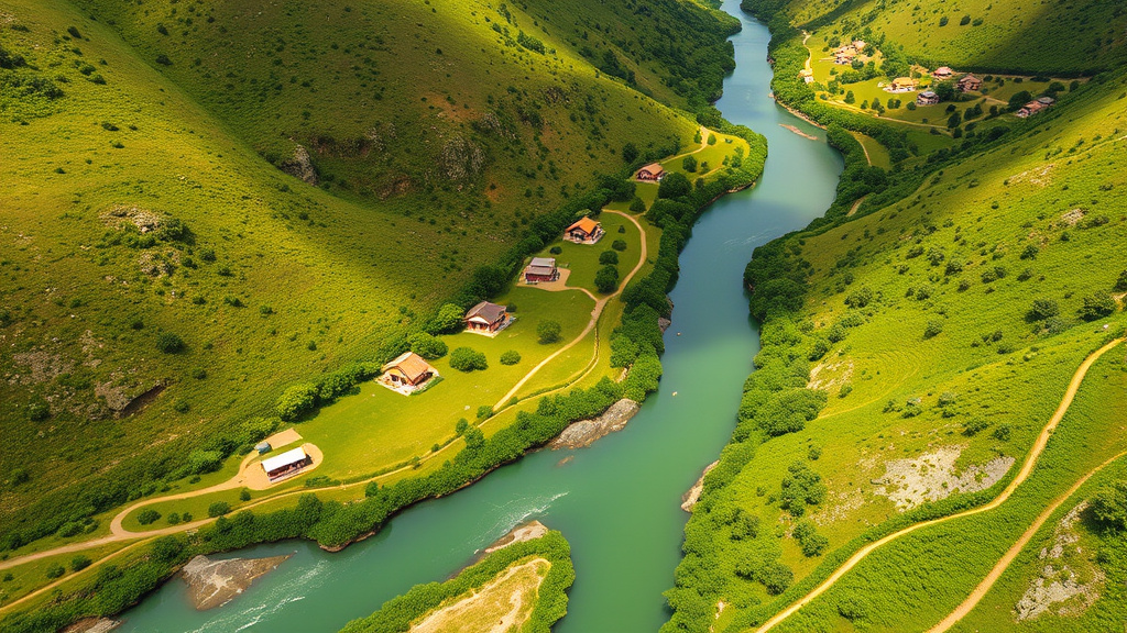 Vista de un valle serrano con campings y cabañas en las sierras de Córdoba, opción económica para vacacionar