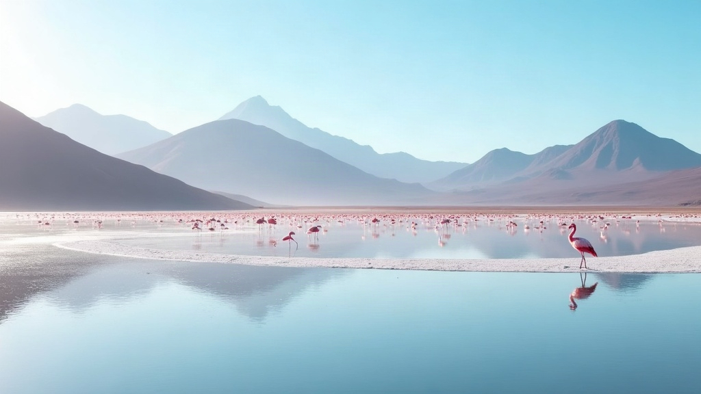 Laguna de altura en la Puna argentina rodeada de cerros volcánicos y aves a lo lejos