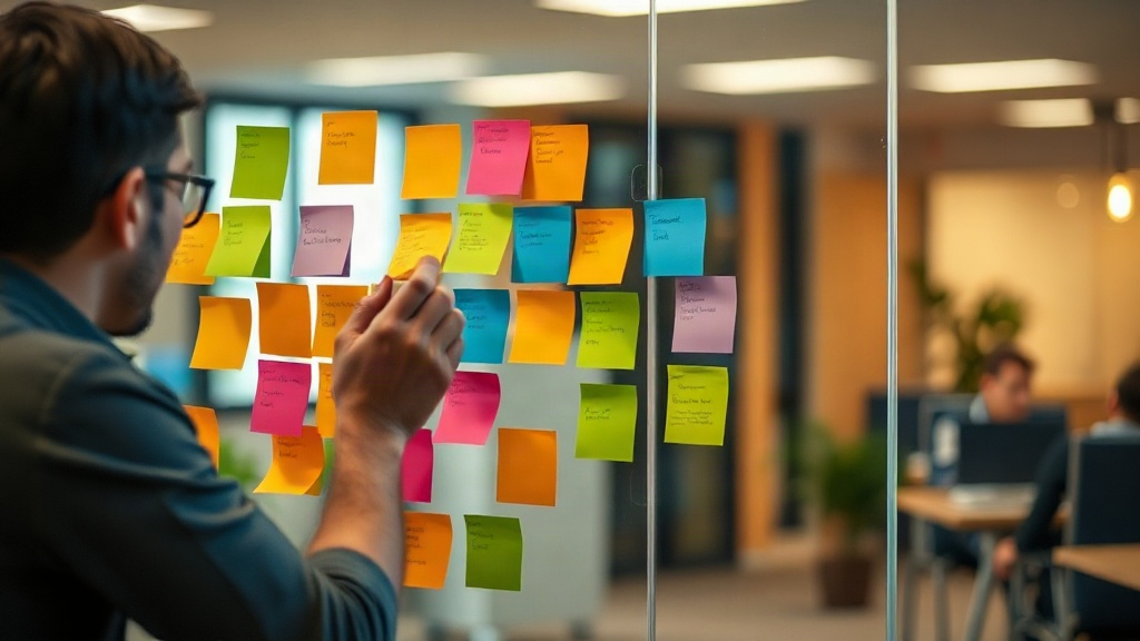 Persona organizando notas de colores en una pared de vidrio para representar el etiquetado de datos en machine learning