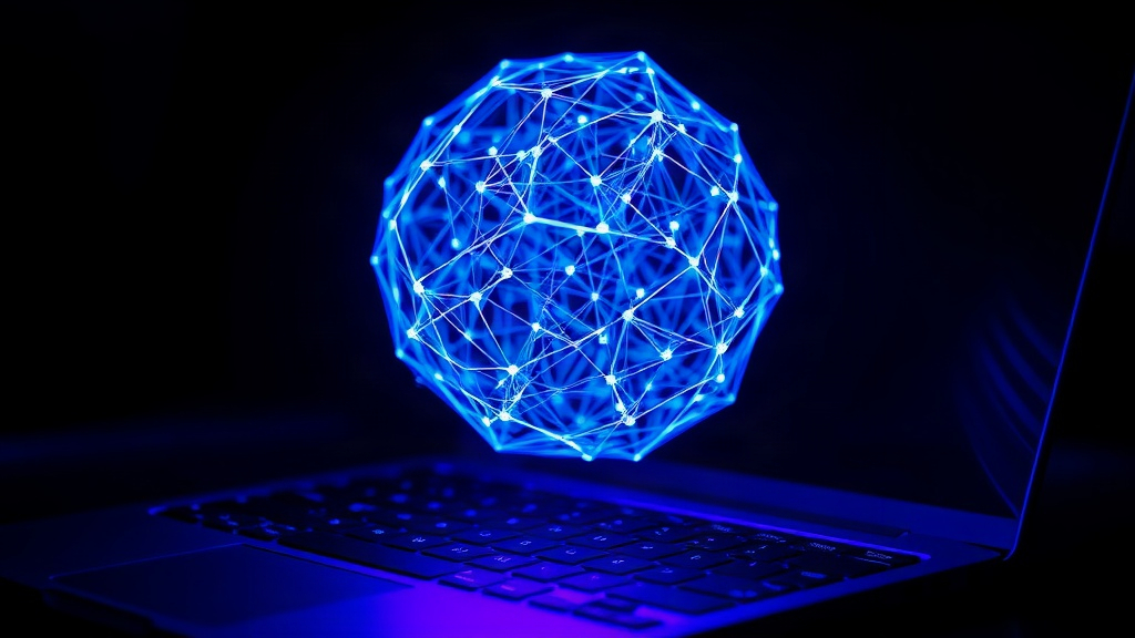 Esfera luminosa de red neuronal flotando sobre un teclado de laptop para ilustrar el deep learning