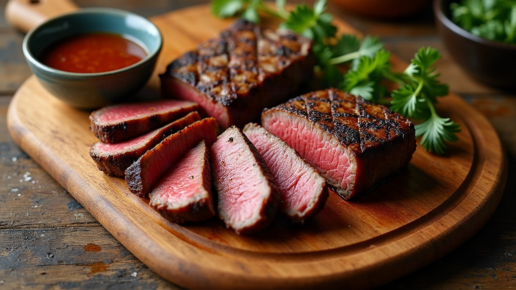 Tabla con cortes de asado a la parrilla y chimichurri