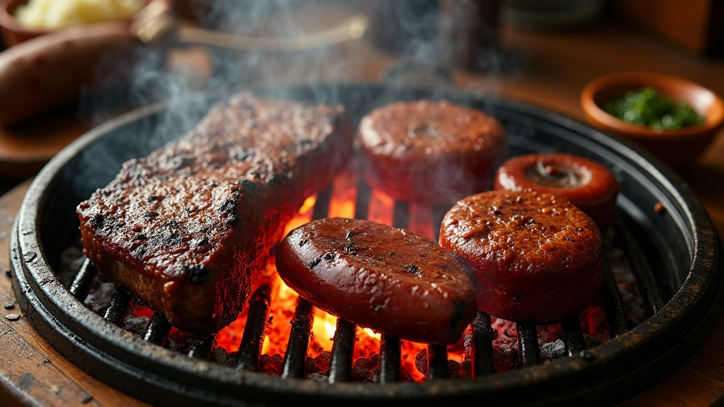Asado argentino a la parrilla con tira de asado, chorizo y provoleta sobre brasas de carbón