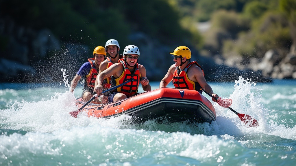 Grupo de personas con casco y chaleco haciendo rafting en los rápidos de un río de montaña en la Patagonia