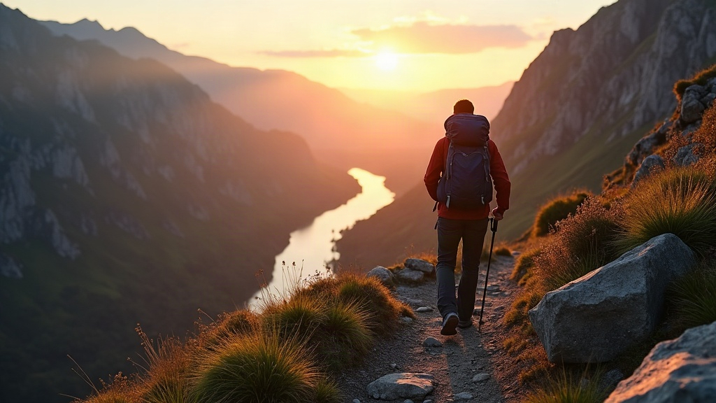 Persona con mochila haciendo trekking en un sendero de montaña al amanecer, con un valle y un río abajo
