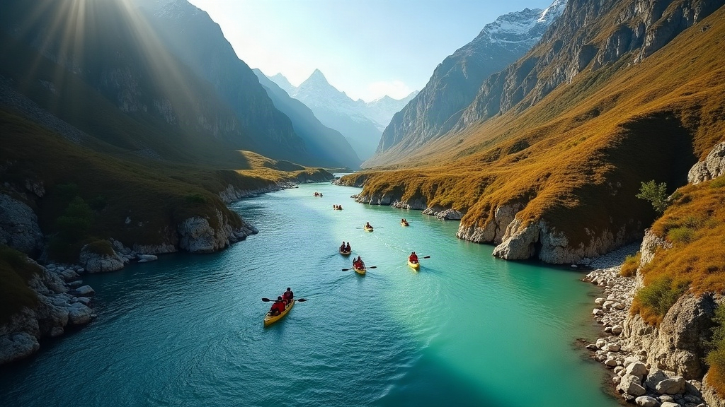 Grupo de kayaks y una balsa de rafting bajando un río turquesa entre montañas de Argentina