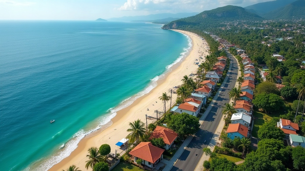 Vista aérea de una localidad costera con playa amplia y calles arboladas