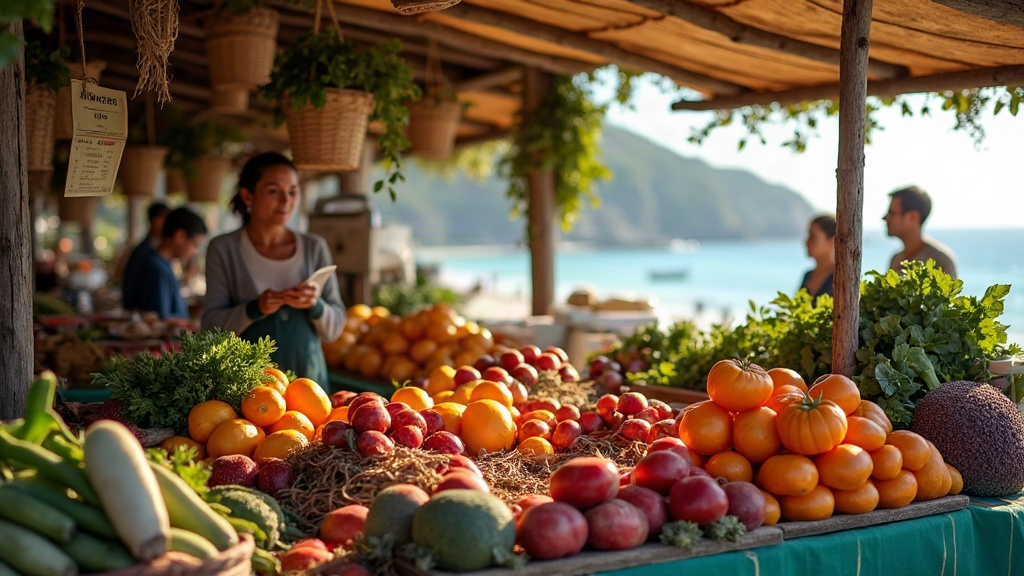 Puesto de frutas y verduras frescas en una feria de una localidad costera